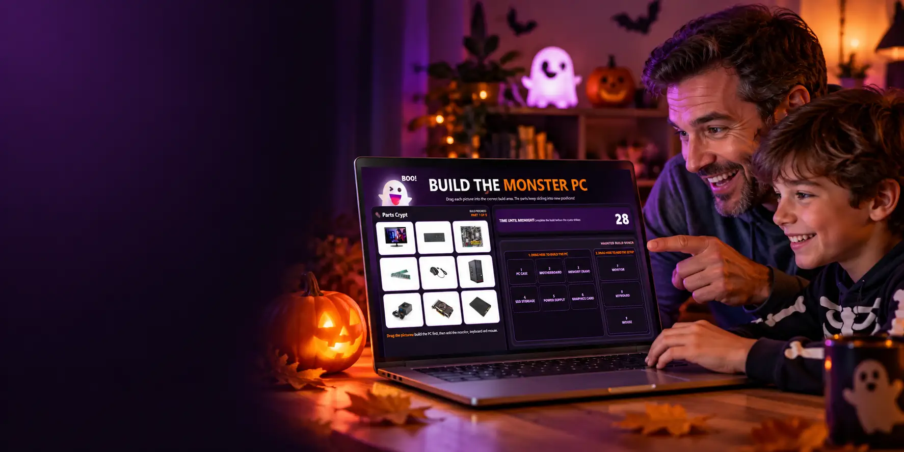 A father and child enjoying Disking’s Halloween PC-building game